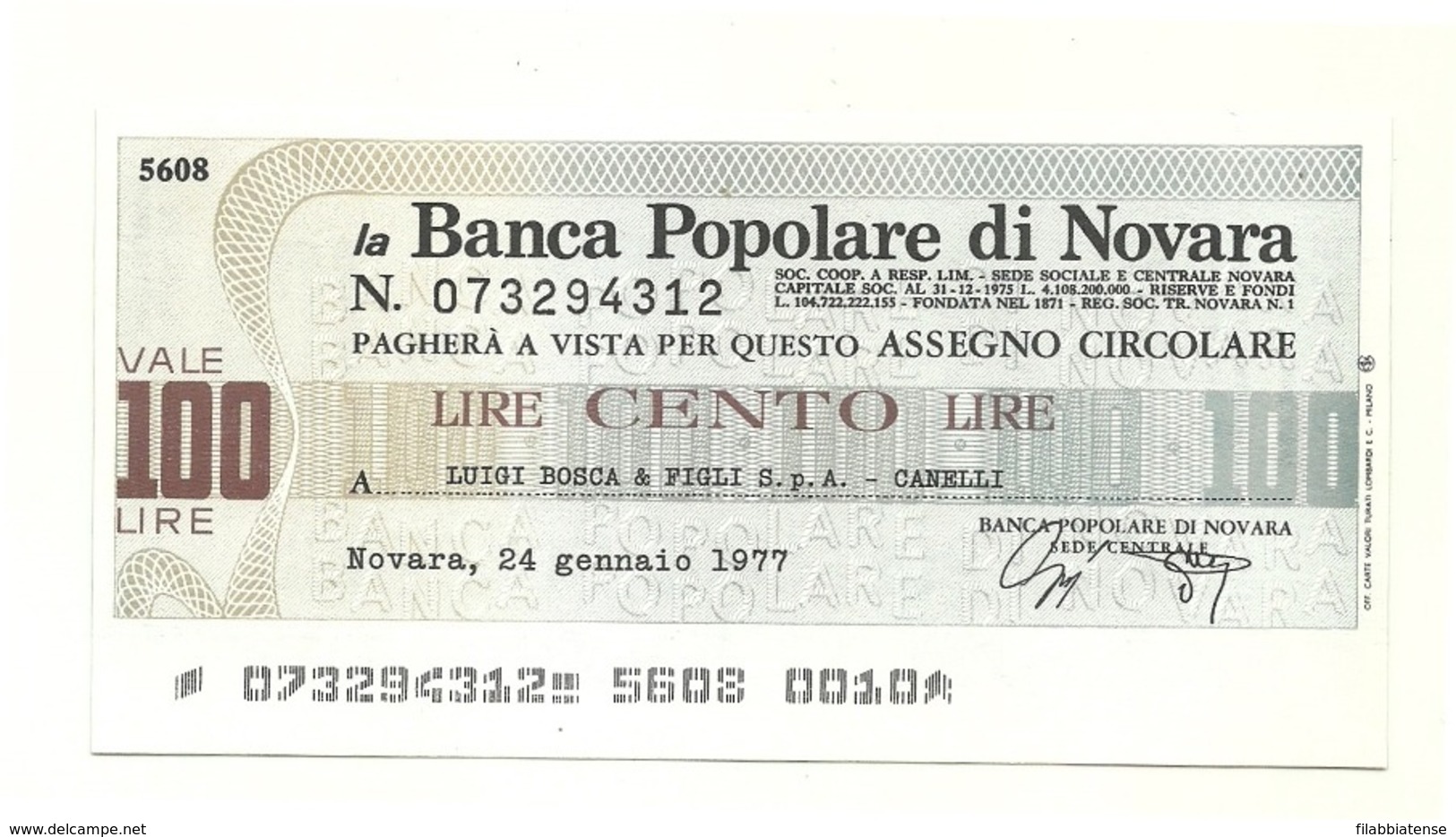 1977 - Italia - Banca Popolare Di Novara - Luigi Bosca & Figli S.p.A. - Canelli - [10] Assegni E Miniassegni