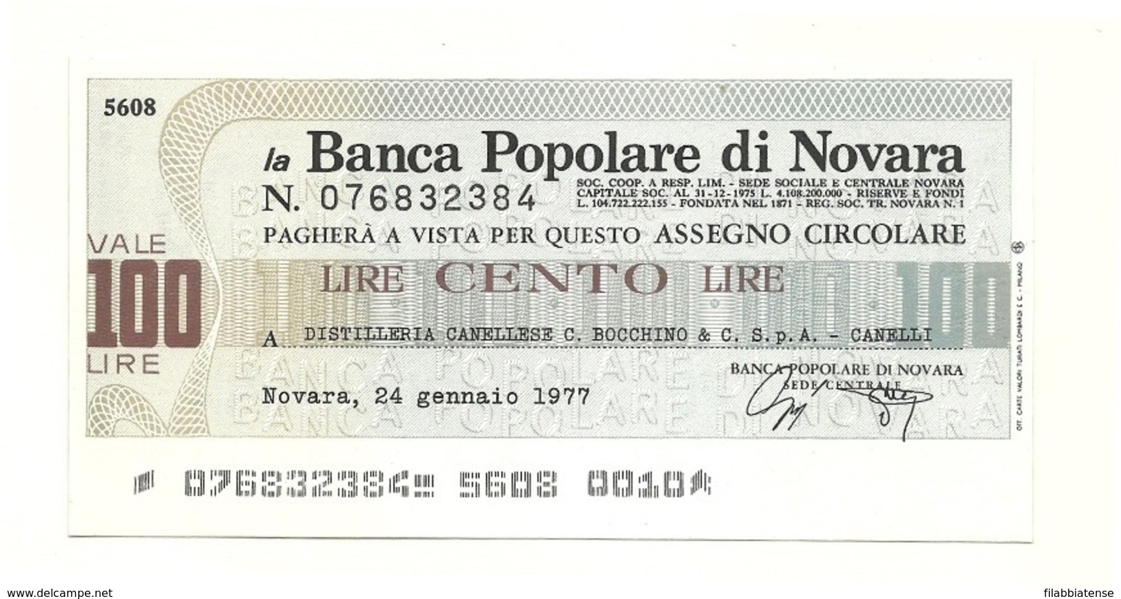 1977 - Italia - Banca Popolare Di Novara - Distilleria Canellese C. Bocchino & C. S.p.A. - Canelli ---- - [10] Assegni E Miniassegni