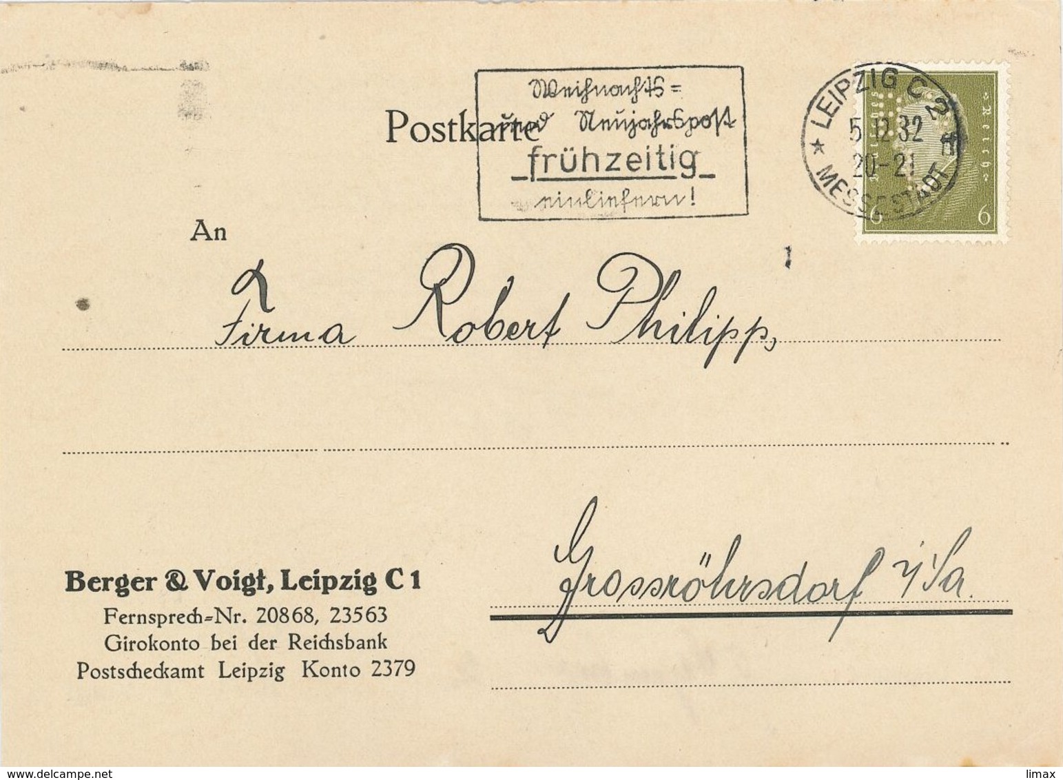 Perfin Firmenlochung - Ebert Leipzig Neujahrspost Messestadt Berger & Voigt "Konto Bei Reichsbank" - Covers & Documents