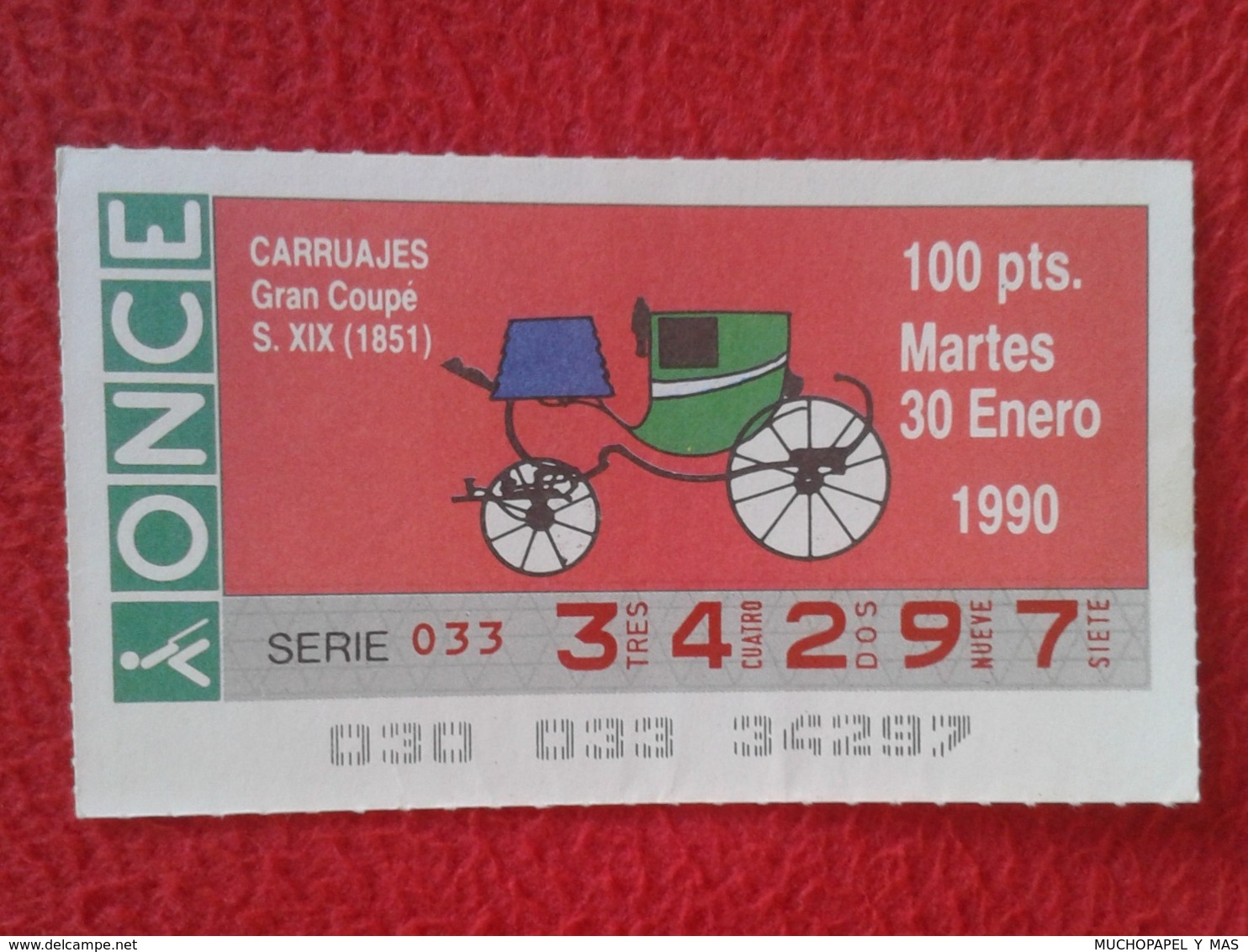 CUPÓN DE ONCE SPANISH LOTTERY LOTERIE SPAIN CIEGOS BLIND LOTERÍA CARRUAJES CARRUAJE CARRIAGE CARRIAGES GRAN COUPÉ S. XIX - Billetes De Lotería