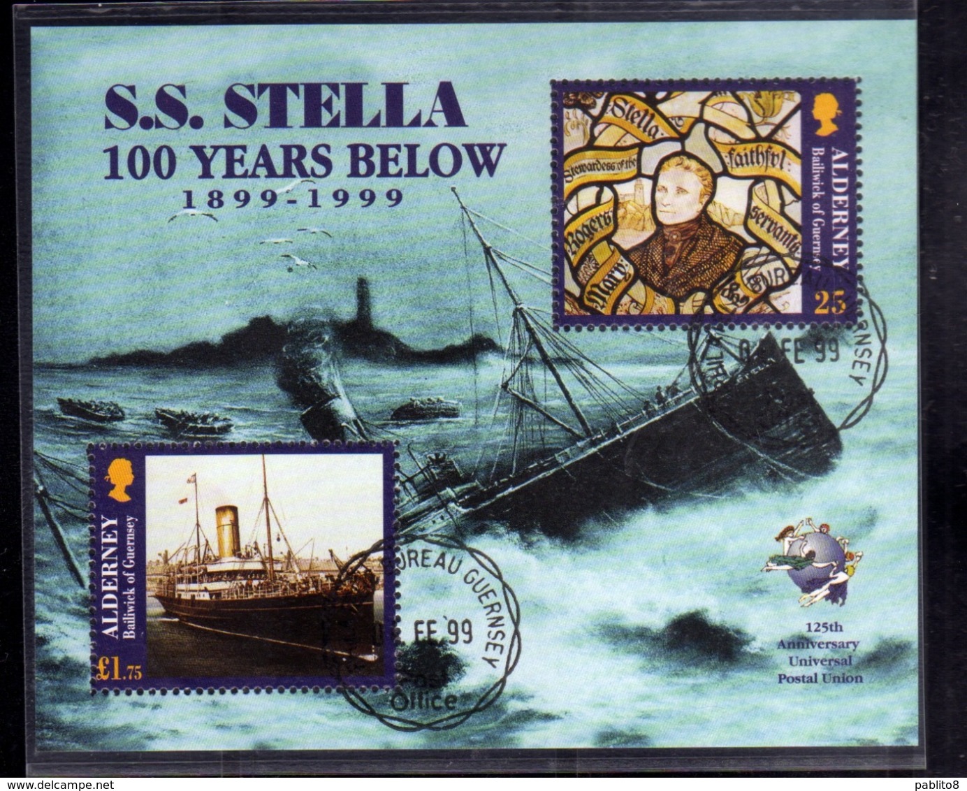 ALDERNEY 1999 NAUFRAGE S.S. STELLA 100 YEARS BELOW UPU BLOCK SHEET BLOCCO FOGLIETTO FIRST DAY SPECIAL CANCEL FDC - Alderney