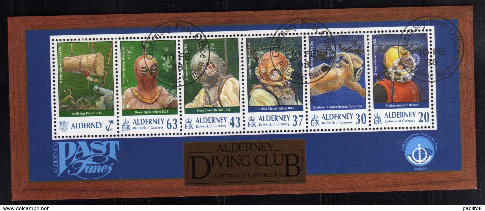 ALDERNEY 1998 DIVING CLUB BLOCK SHEET BLOCCO FOGLIETTO FIRST DAY SPECIAL CANCEL FDC - Alderney