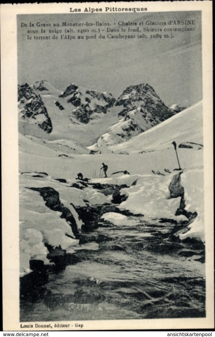 Cp Monetier Les Bains Hautes Alpes, De La Grave, Chalets Et Glaciers D'Arsine, Skieur - Altri & Non Classificati
