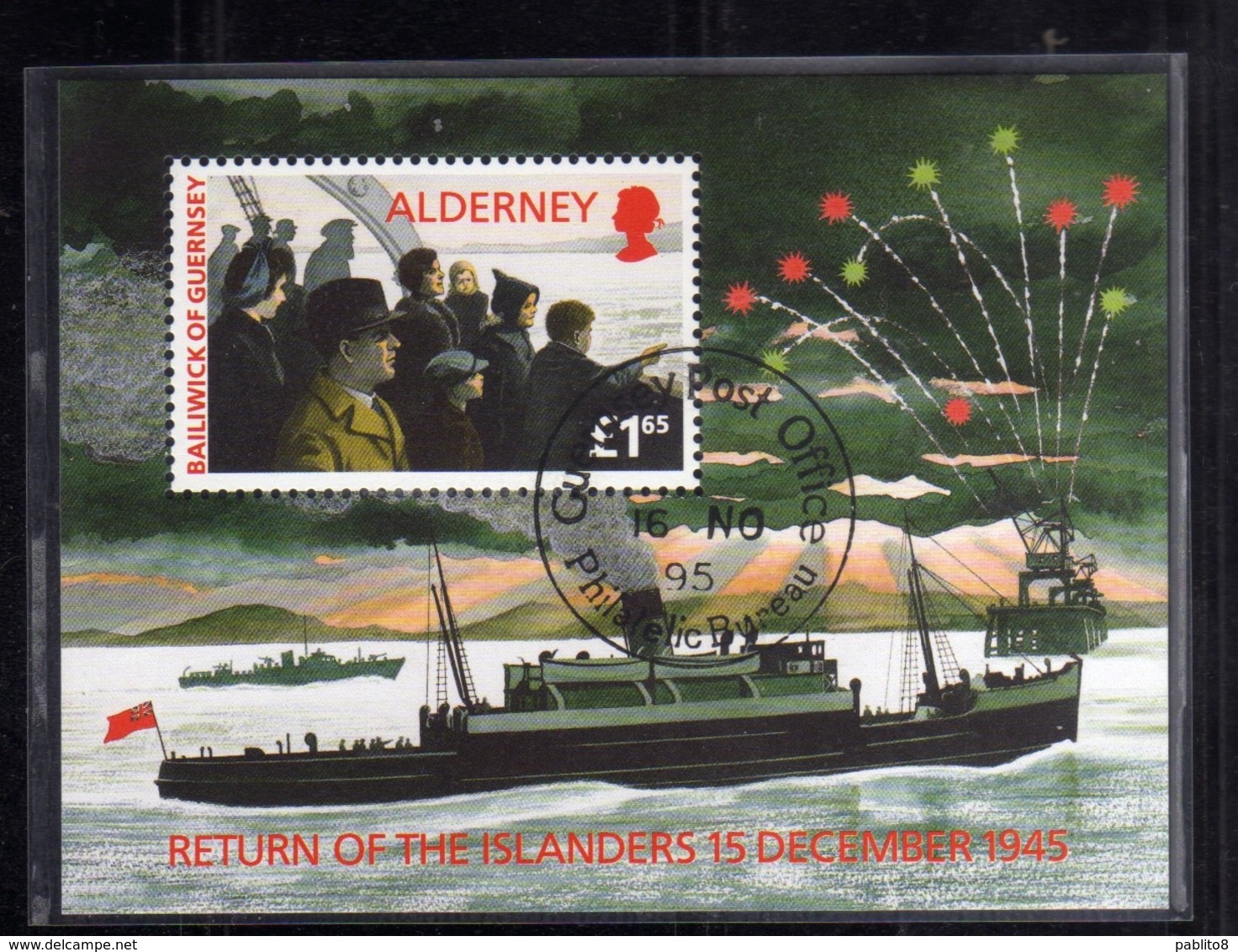 ALDERNEY 1995 RETURN ON THE ISLANDERS OF 15 DECEMBER 1945 BLOCK SHEET BLOCCO FOGLIETTO FIRST DAY SPECIAL CANCEL FDC - Alderney