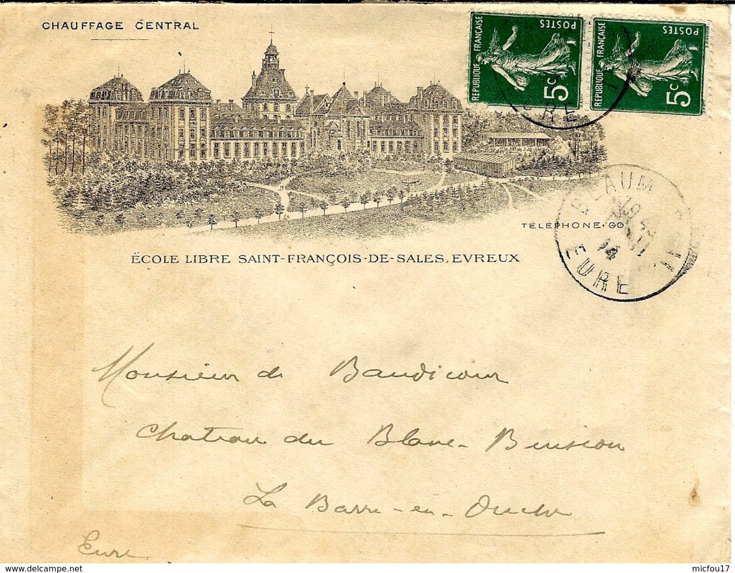 1914- Enveloppe Affr. 10 C  ILLUSTREE D'EVREUX ( Eure)  Ecole Libre St François De Sales - 1877-1920: Période Semi Moderne