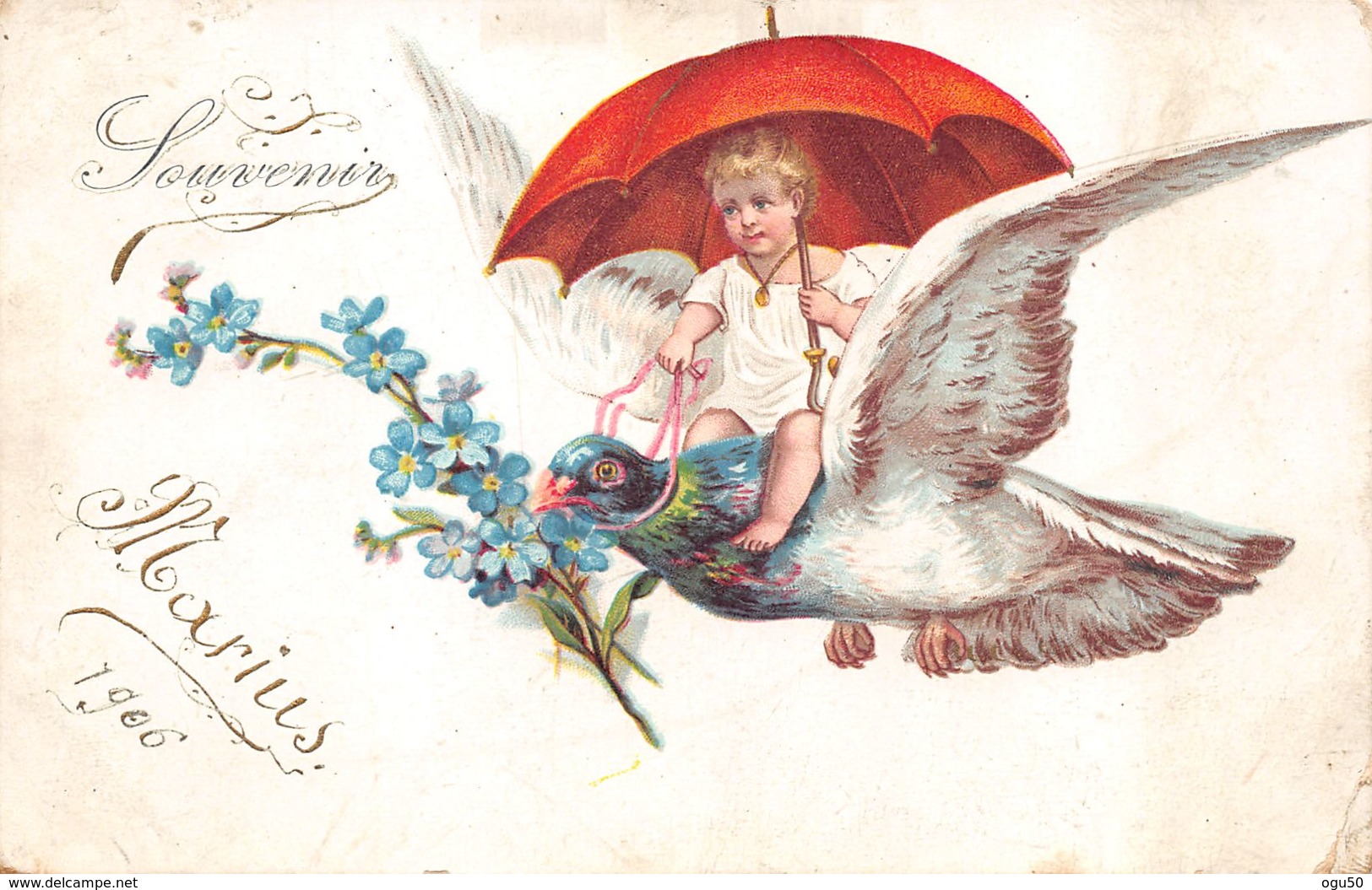 Enfant (Fantaisie) - Souvenir - Marius 1906 - Fleurs - Oiseau - Parapluie - Andere & Zonder Classificatie