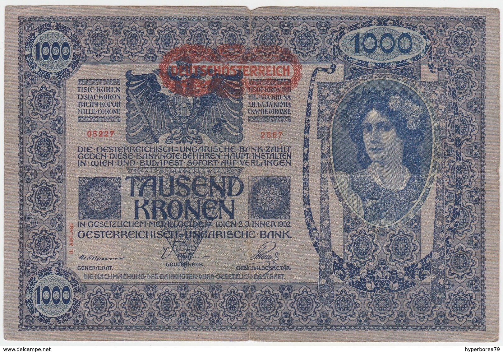 Austria P 61 - 1000 1.000 Kronen 2.1.1912 ( 1919 ) - Fine - Austria