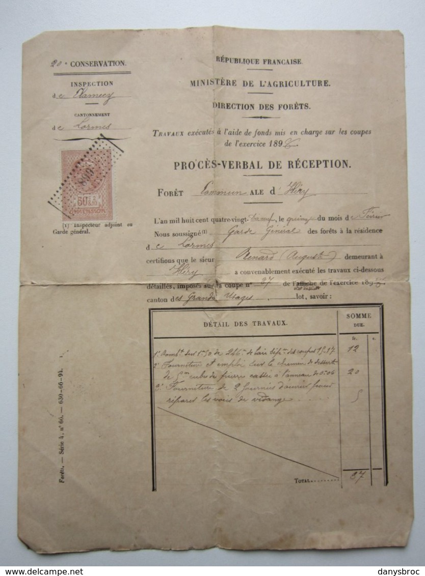 Cachet Sur Timbre Fiscal Oblitéré 899 - DIRECTION DES FORÊTS - PROCES VERBAL Forêt D'Héry (58) Année 1898 - Autres & Non Classés