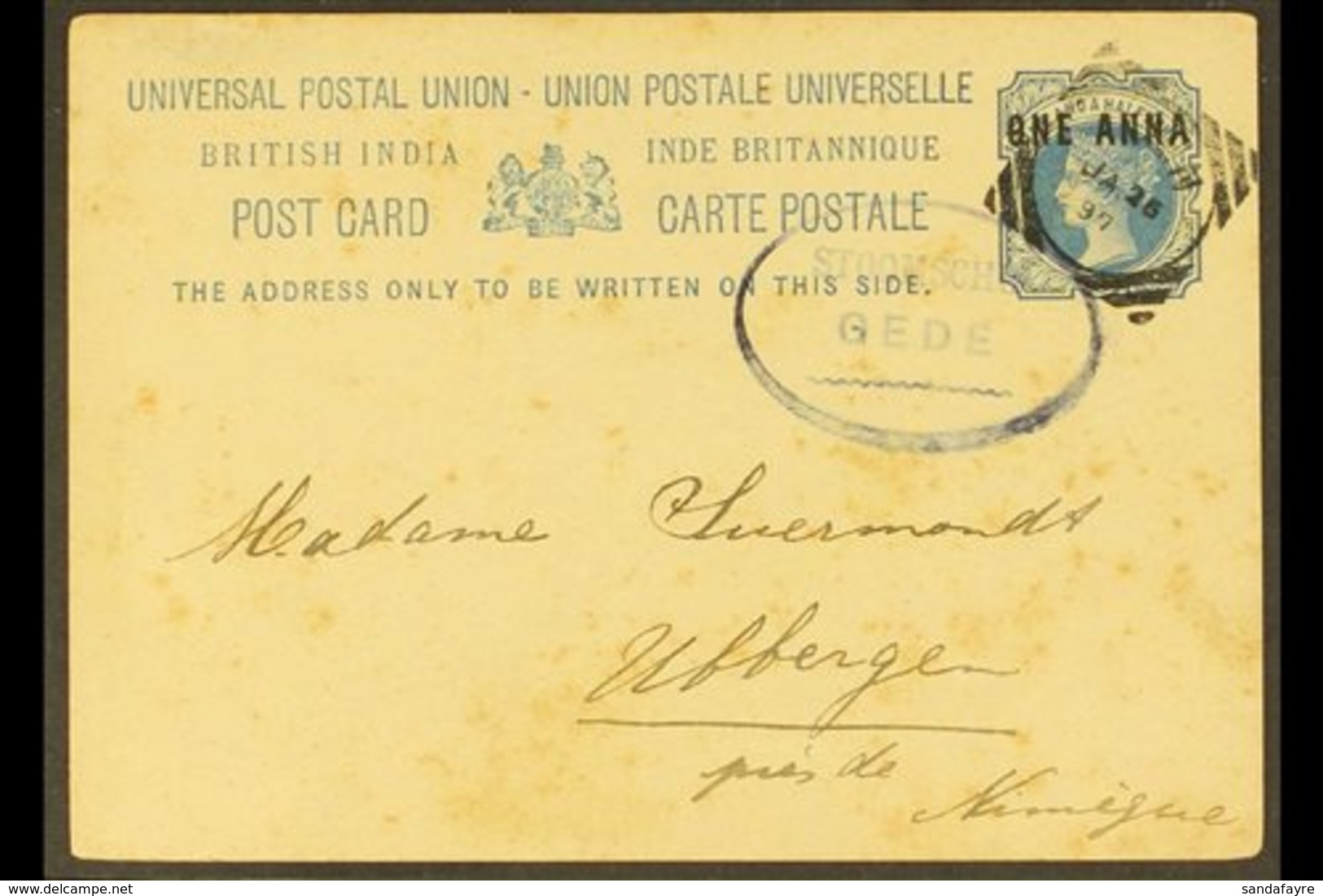 1897  (25 Jan) India 1a On 1½a Postal Card To Holland With Aden Squared Circle Cancel; Alongside "STOOMSCHIP / GEDE" Ova - Aden (1854-1963)