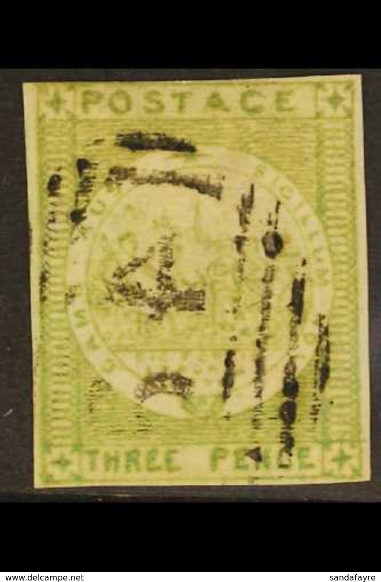 NEW SOUTH WALES  1850 3d Yellow-green Sydney View, SG 39, Four Small Margins And "64" (4 Reversed) Cancel. For More Imag - Sonstige & Ohne Zuordnung