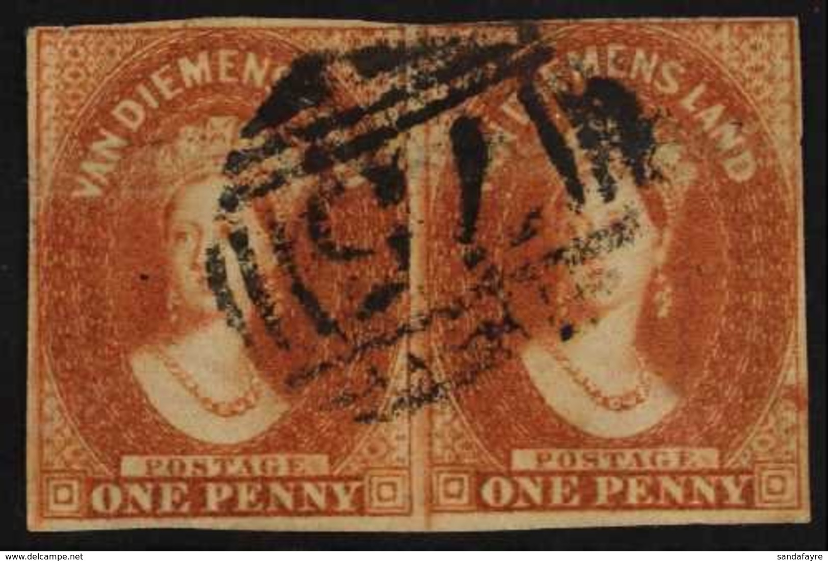 TASMANIA  1857-67 Imperf 1d Pale Red Brown Pair, SG 26, 3 Clear Margins, Fine Used. For More Images, Please Visit Http:/ - Sonstige & Ohne Zuordnung