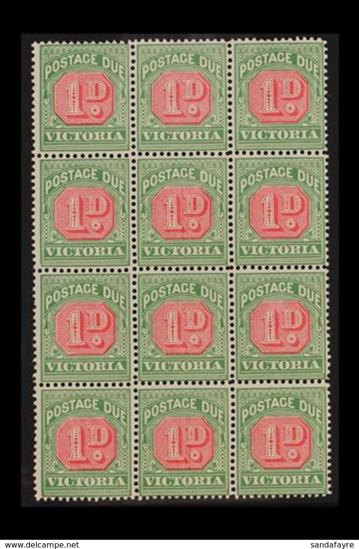 VICTORIA  POSTAGE DUE 1895-6 1d Pale Scarlet & Yellow-green, BLOCK OF TWELVE (3x4), SG D12a, Never Hinged Mint, Few Mino - Sonstige & Ohne Zuordnung