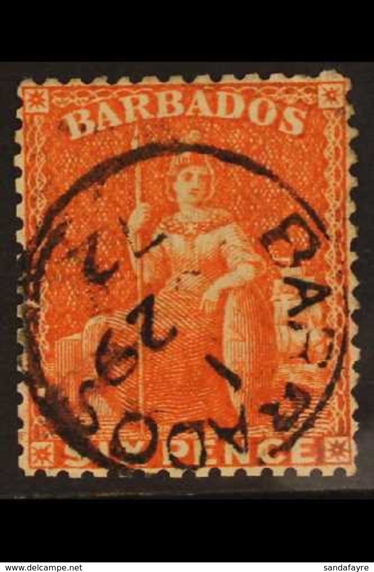 1872  6d Orange-vermilion Britannia, Clean Cut Perforation, SG 53, Neat 1872 Cds Used. For More Images, Please Visit Htt - Barbades (...-1966)