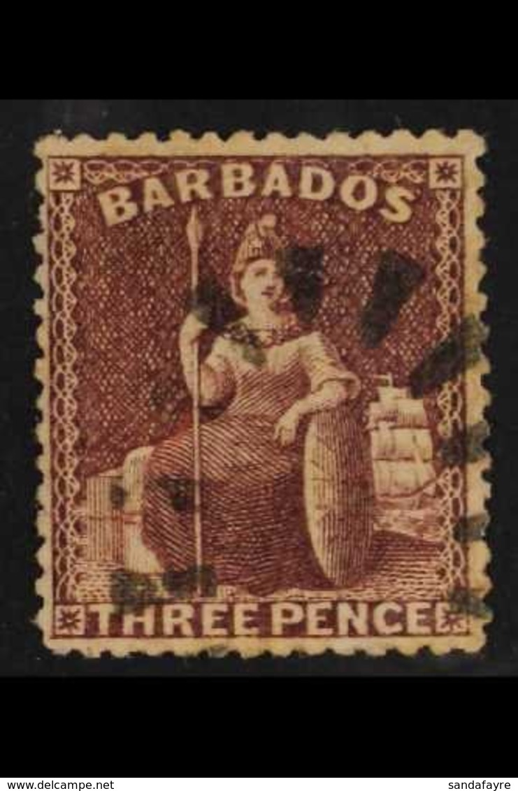 1873  3d Brown-purple, SG 63, VFU With Neat "bootheel" Cancel. For More Images, Please Visit Http://www.sandafayre.com/i - Barbados (...-1966)