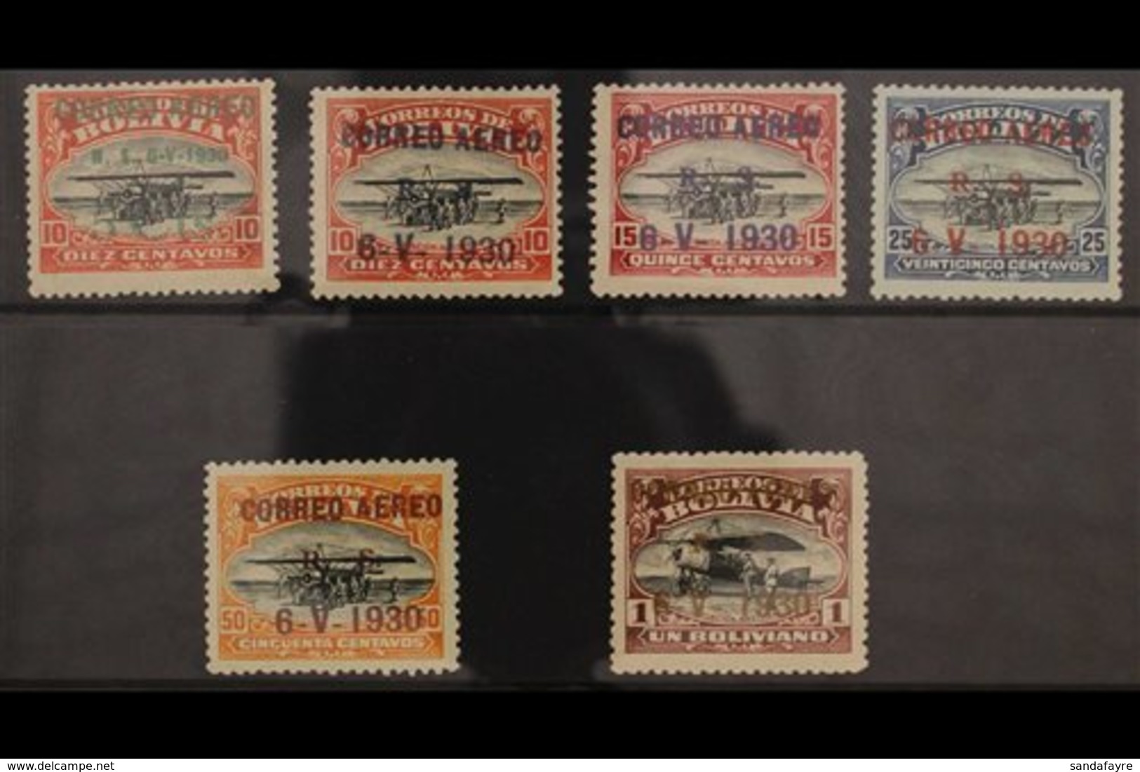 1930  Airmail "Correo Aereo" Ovpts Set, Scott C11/12, C14/16, C18, Fine Mint, 1b Signed Diena (6 Stamps). For More Image - Bolivia