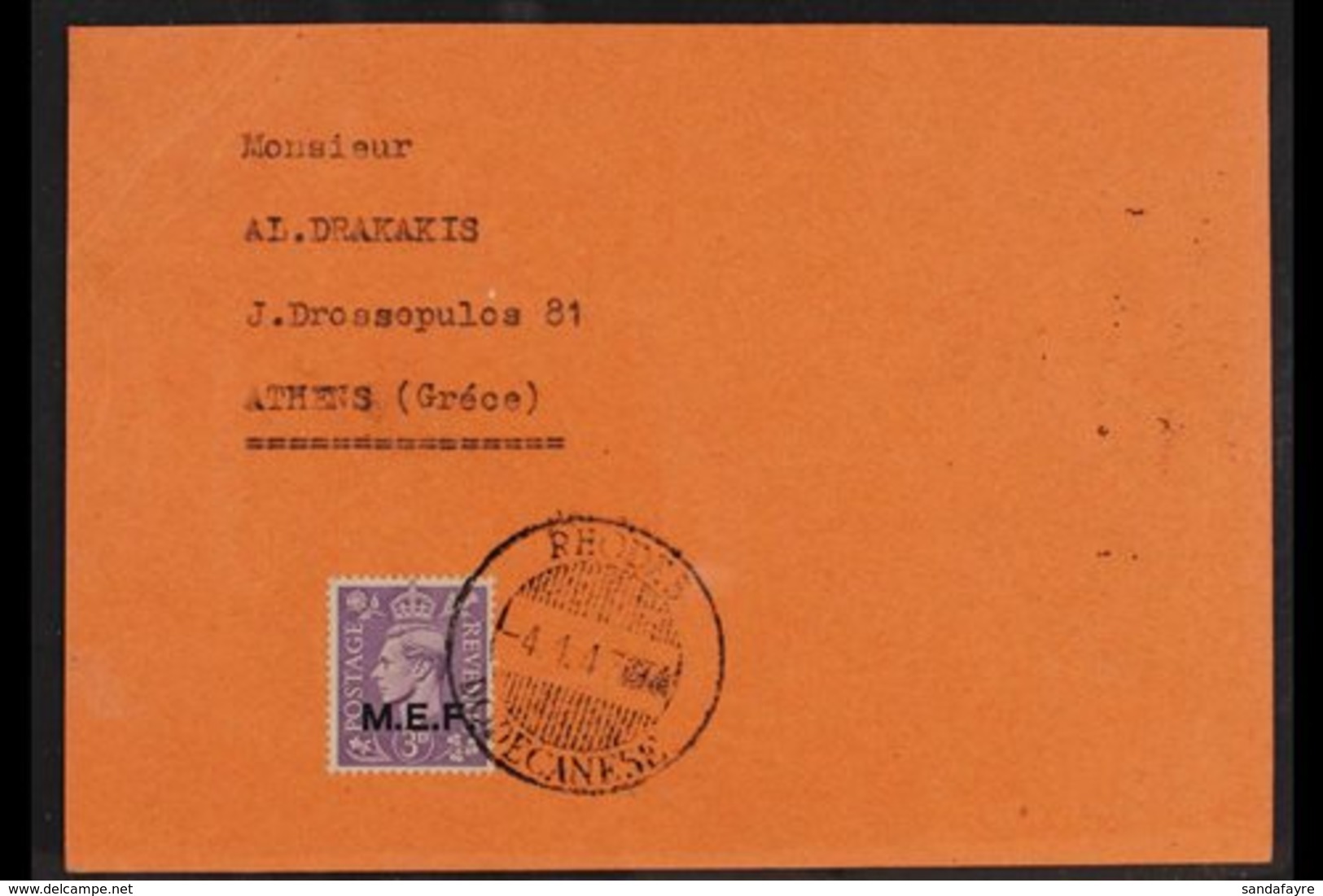 M.E.F. (AEGEAN ISLANDS CARD)  1943-47 3d Pale Violet, Sass 9, Very Fine Used On Card Used To Athens, Tied By RHODES / DO - Africa Orientale Italiana