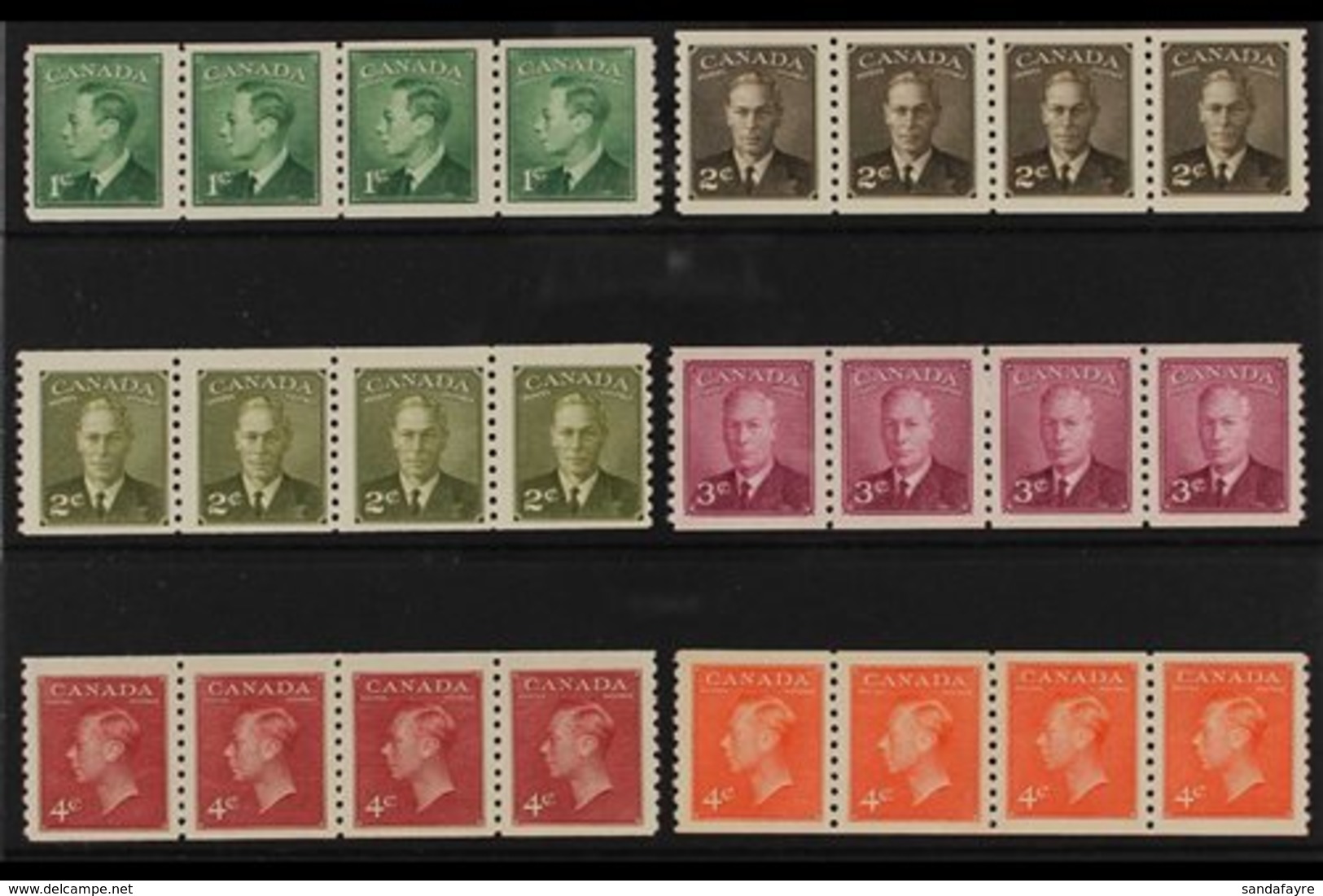 1949-51 COIL STAMPS  Complete Set Of Six, SG 419/422a, Each In Never Hinged Mint Strips Of Four. (6 Strips, 24 Stamps) F - Other & Unclassified