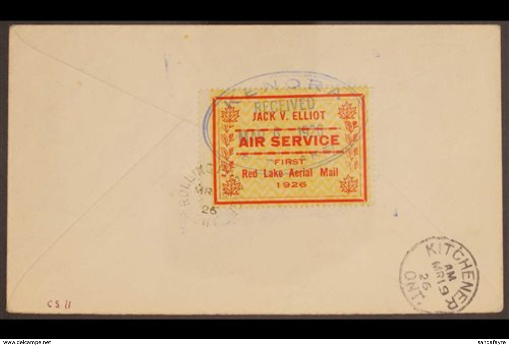 ELLLIOT FAIRCHILD AIR SERVICE  1926 Cover From Rolling Portage Via Red Lake To Kitchener Franked 25c, Uni CL7, Very Fine - Other & Unclassified