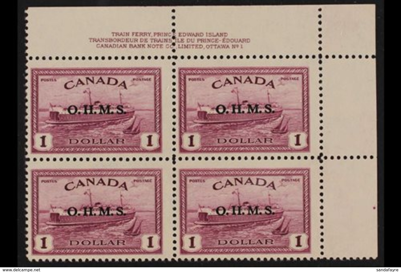 OFFICIALS  1949 $1 Purple Train Ferry "O.H.M.S." Overprint (SG O170, Unitrade O10), Never Hinged Mint Upper Right PLATE  - Other & Unclassified