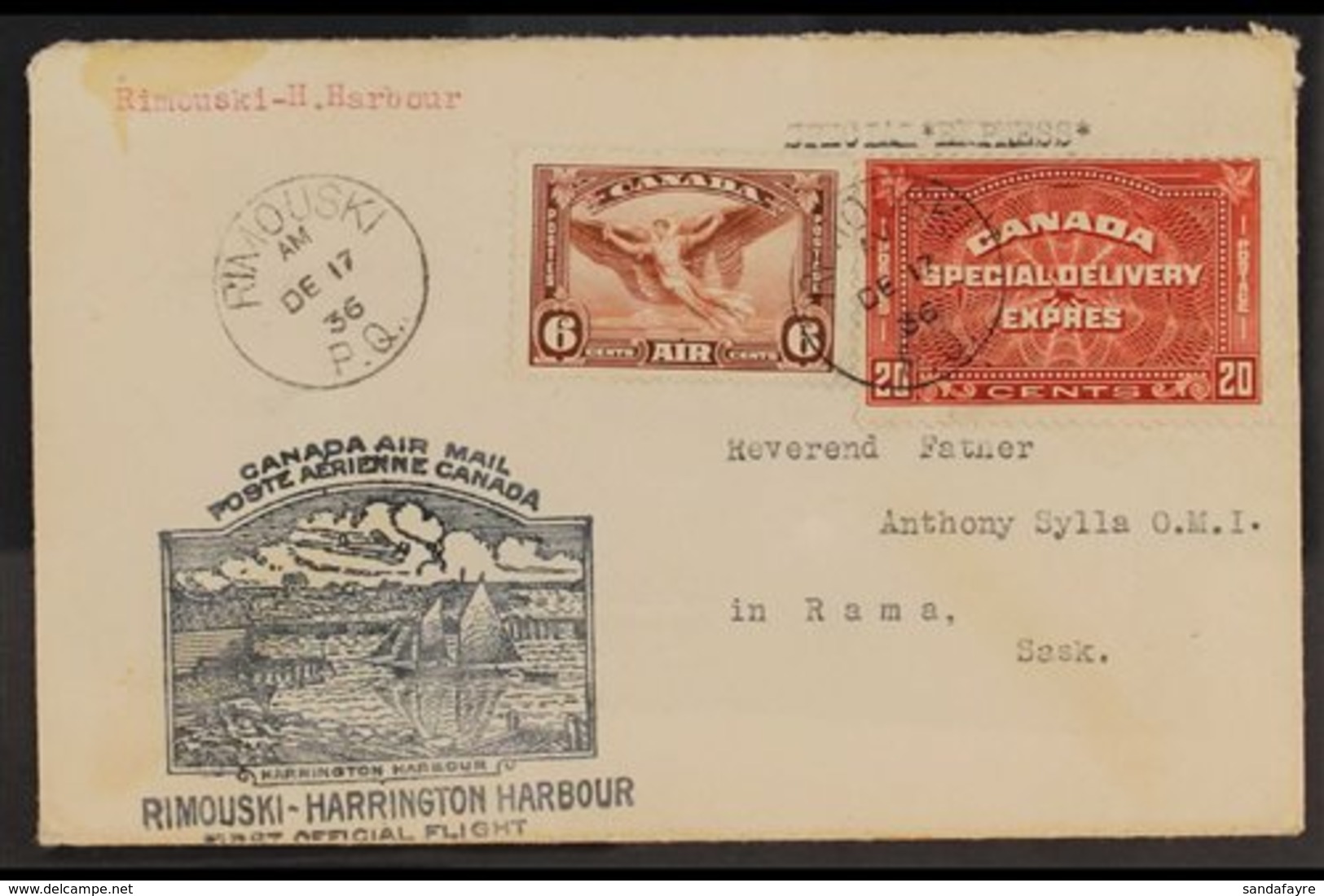 SPECIAL DELIVERY  1936 First Flight Cover Used With 1935 6c Airmail (SG 355) & 1932 20c Brown-red S/Del (SG S7), Reg'd & - Sonstige & Ohne Zuordnung