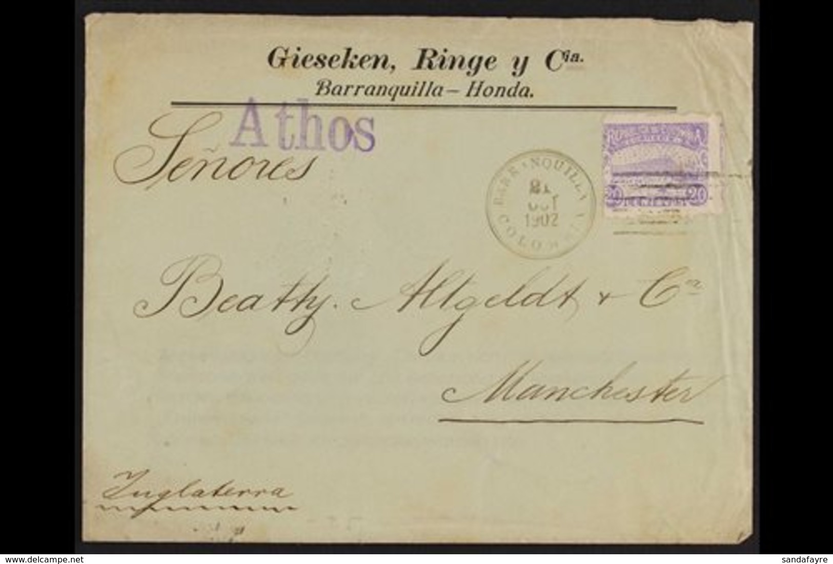 1902 S.S. "ATHOS" SHIP COVER.  1902 (Oct) Cover Addressed To Manchester, England, Bearing 20c Stamp Tied By "Barranquill - Kolumbien