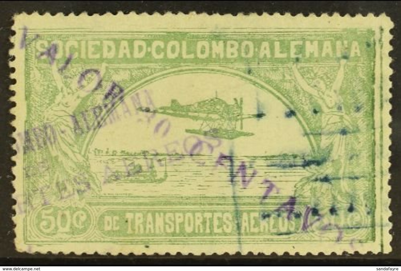 SCADTA  1921 30c On 50c Dull Green Surcharge In Violet, Scott C20 (SG 7, Michel 8 II), Fine Used, Expertized A.Brun, Fre - Kolumbien