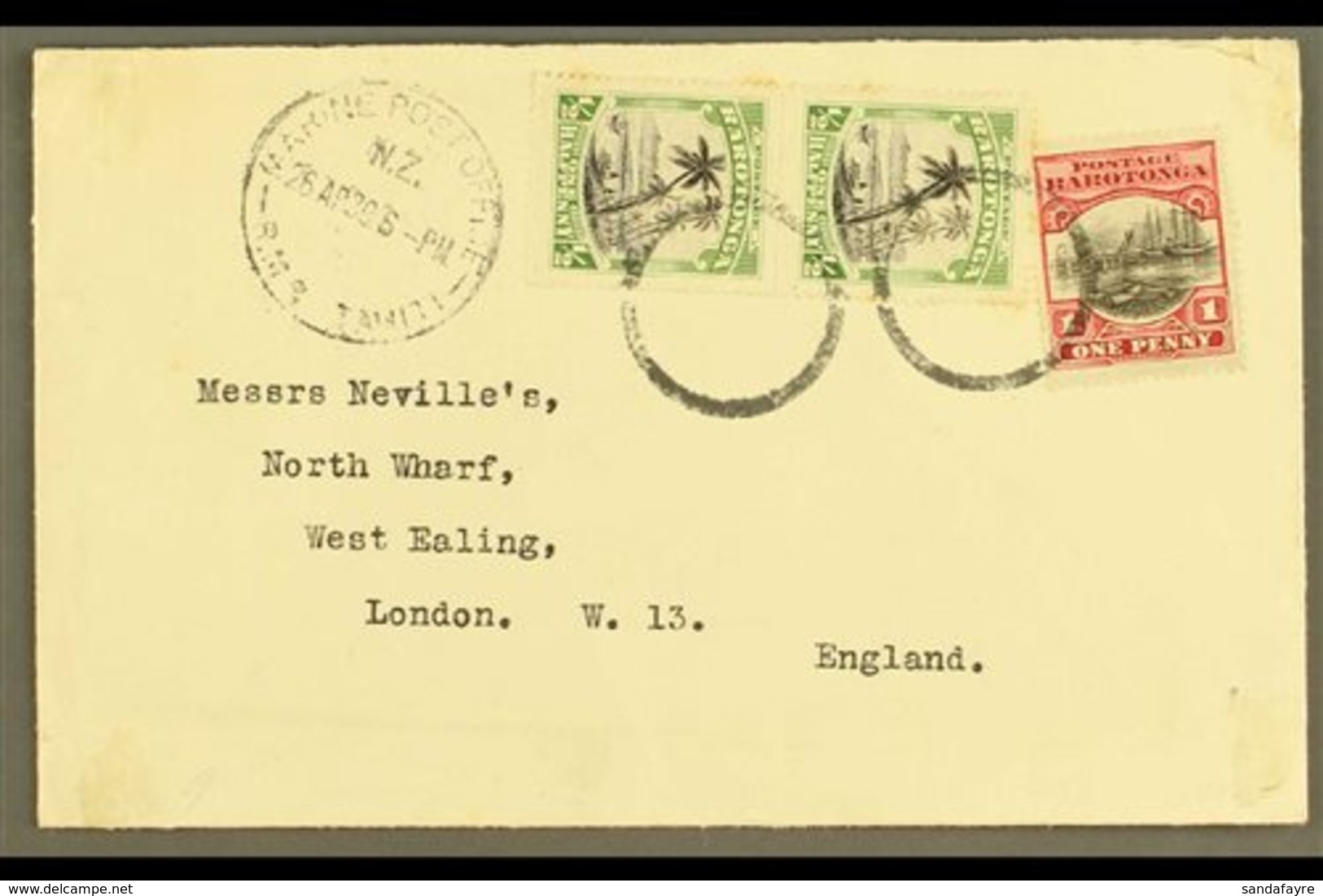 1930  (April) Envelope To London, Bearing Pictorial ½d Pair And 1d Tied By "dumb" Circles, Marine Post Office R.M.S. Tah - Cookinseln