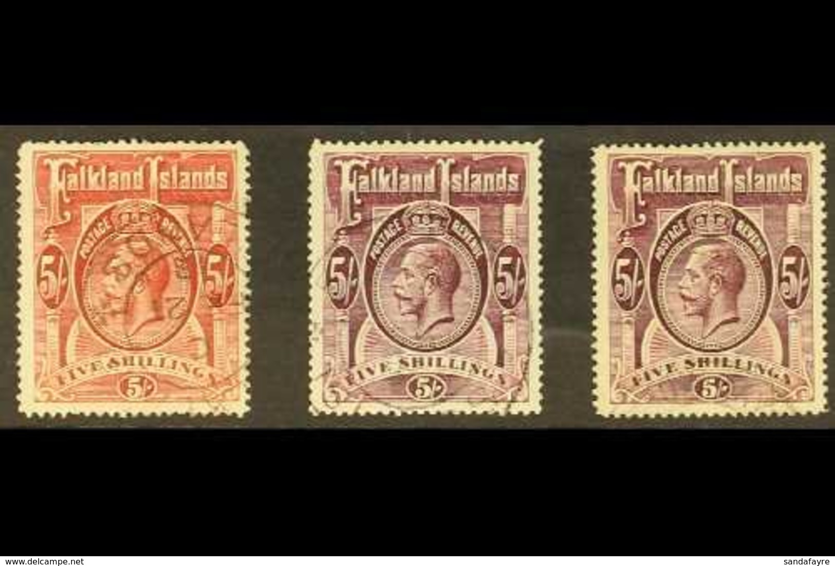 1912-20  (wmk Mult Crown CA) KGV 5s All Three Shades (SG 67, 67a And 67b), Very Fine Used. (3 Stamps) For More Images, P - Falkland