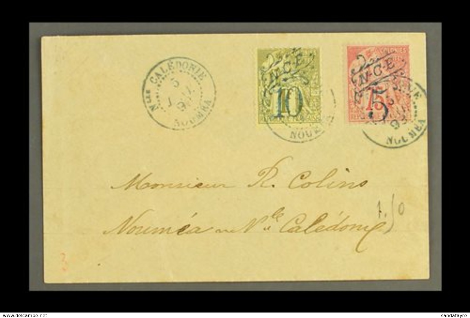 NEW CALEDONIA  1893 (5 Jan) Neat Local Cover Bearing Blue Surcharge 5c On 75c And 10c On 1f (Yvert 38 & 40) Tied By Noum - Other & Unclassified