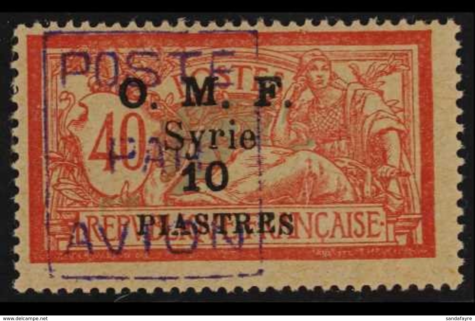 SYRIA  1920 10pi On 40c Red & Pale Blue "Merson", Violet Overprint "Poste Par Avion, Yv 3, SG 59, Fine Mint Signed Brun  - Other & Unclassified