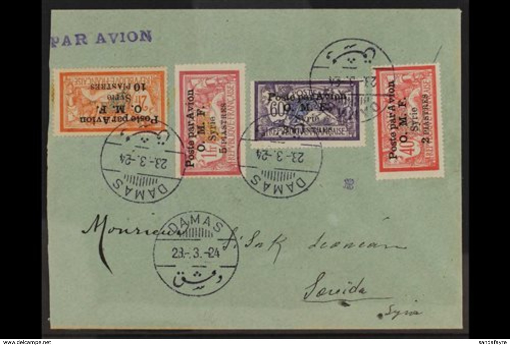 SYRIA  1922 Air Post Set, Yv 10/13, Used On A (slightly Trimmed At Left) Cover Tied By Damas Cds. (1 Cover) For More Ima - Sonstige & Ohne Zuordnung