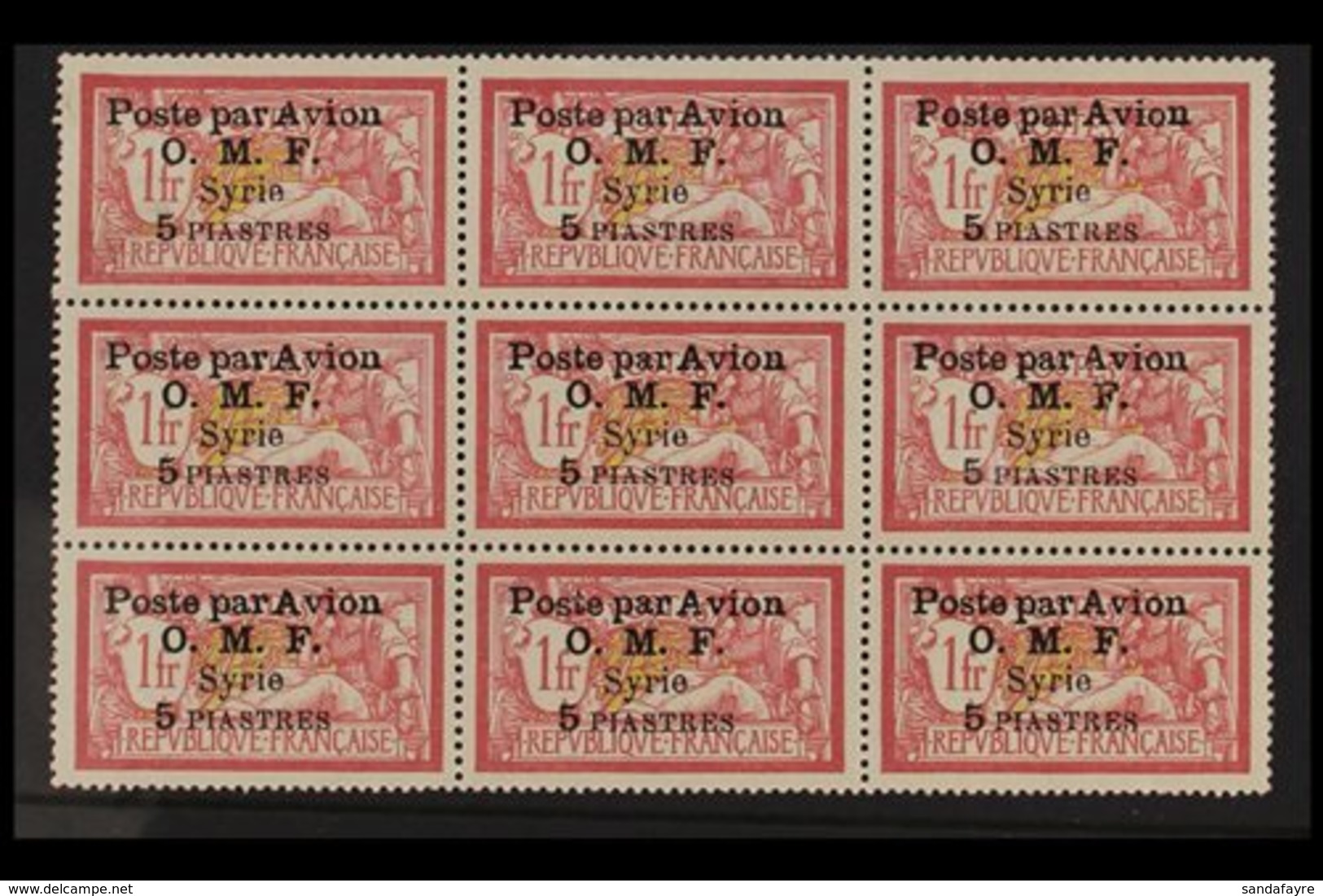 SYRIA  1922 5Pi On 1fr Lake & Yellow, "Post Par Avion - OMF" Opt'd , Yv 12, SG 91, BLOCK OF 9 (3 X 3) Lightly Hinged On  - Sonstige & Ohne Zuordnung