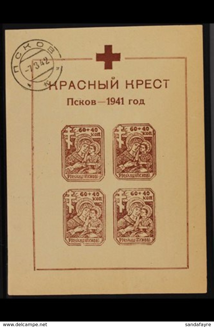 PLESKAU (PSKOV)  1942 (28 Feb) Red Cross Miniature Sheet With 'LIGAT' Watermark, Michel Block 2 X, Used With "Pleskau" C - Sonstige & Ohne Zuordnung