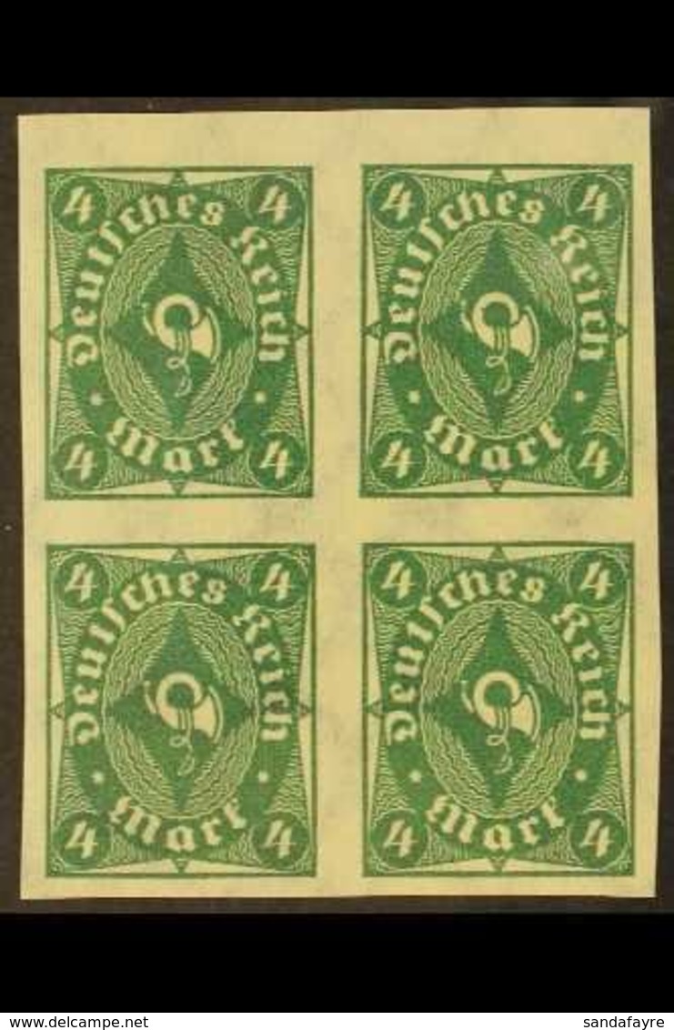 1922-23  4m Deep Green IMPERF (Michel 226a U, SG 206a), Never Hinged Mint IMPERF BLOCK Of 4, Fresh & Attractive. (4 Stam - Other & Unclassified