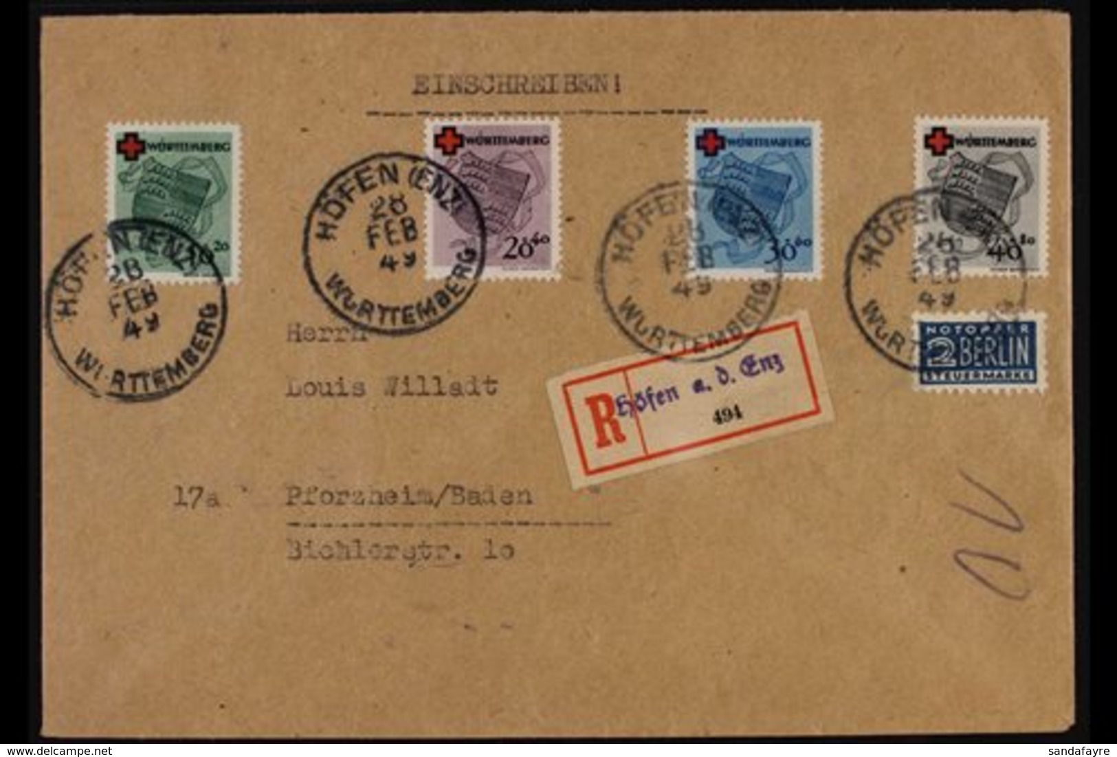 FRENCH ZONE  WURTTEMBERG 1949 (28 Feb) Registered Cover To Baden, Bearing 1949 Red Cross Complete Set (Michel 40/43 A) T - Sonstige & Ohne Zuordnung