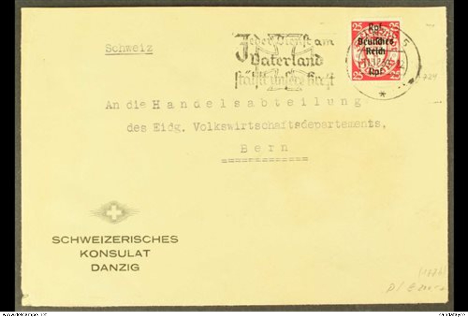 1939 (11 DEC)  Printed Cover From The Swiss Consulate In Danzig To Bern, Bearing Germany 1939 Rpf Surcharge On 25pf Of D - Other & Unclassified