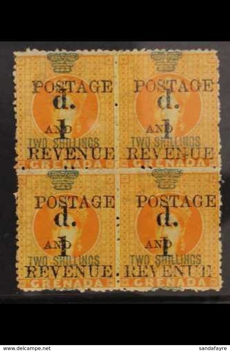 1888-91  1d On 2s Orange Surcharge Type 18, SG 44, Very Fine Mint BLOCK Of 4, Minor Perf Reinforcement, Very Fresh, Attr - Grenada (...-1974)