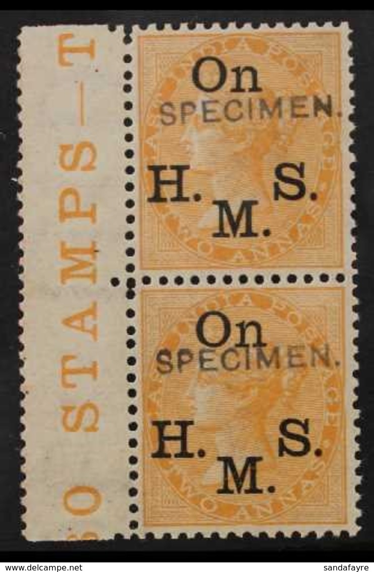 OFFICIALS  1874-82 2a Orange With "SPECIMEN" Overprint, SG O33as, Very Fine Mint Marginal Vertical PAIR With Gutter Marg - Other & Unclassified