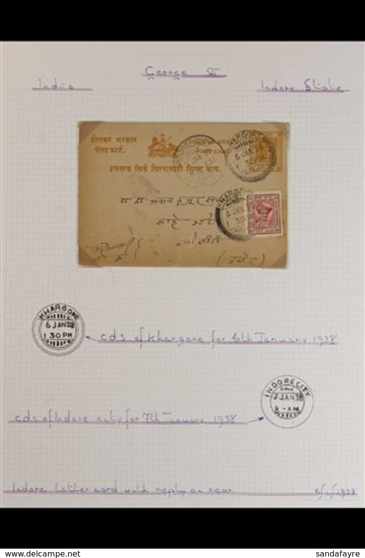 INDORE  1938-45 POSTAL STATIONARY CARD GROUP Neatly Presented On Informative Written Up Pages, Each Card Uprated With Va - Altri & Non Classificati
