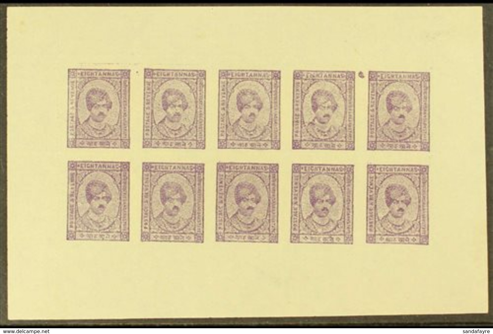 KISHANGARH  1943-7 8a Violet On Unsurfaced Paper, In A COMPLETE SHEETLET OF 10, SG 89, Very Fine, Without Gum As Issued. - Other & Unclassified