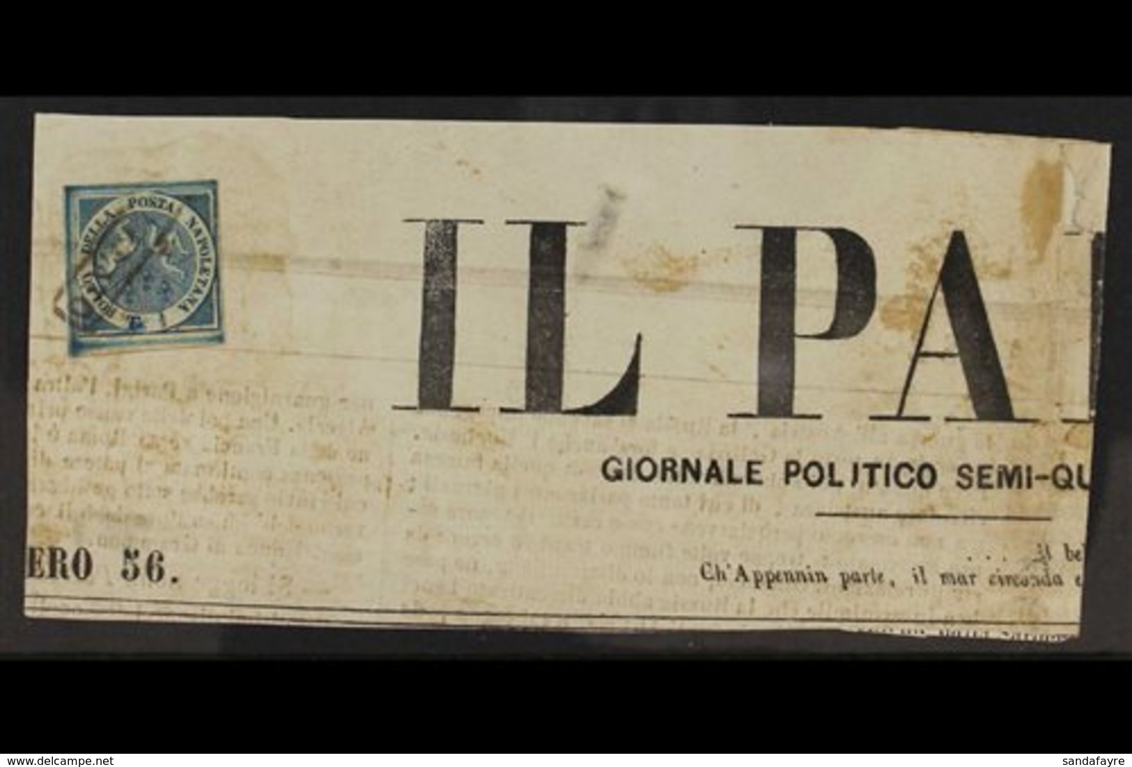 NAPLES  1860 ½t Deep Blue "Trinacria", Sass 15,  Tied To 17th Nov 1860 Header From "Il Paese" Newspaper. Clear To Large  - Ohne Zuordnung