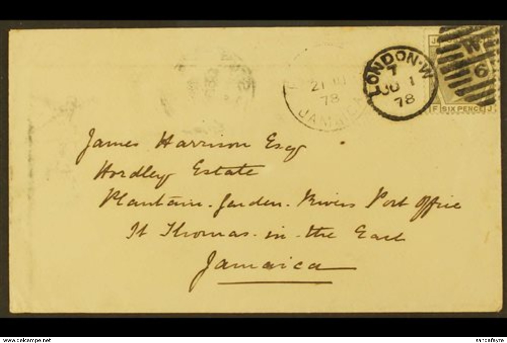 1878  (June 1) Attractive Incoming Cover To Jamaica Bearing GB 6d Grey (SG 147), Plate 15, Tied By Neat London W Duplex, - Giamaica (...-1961)