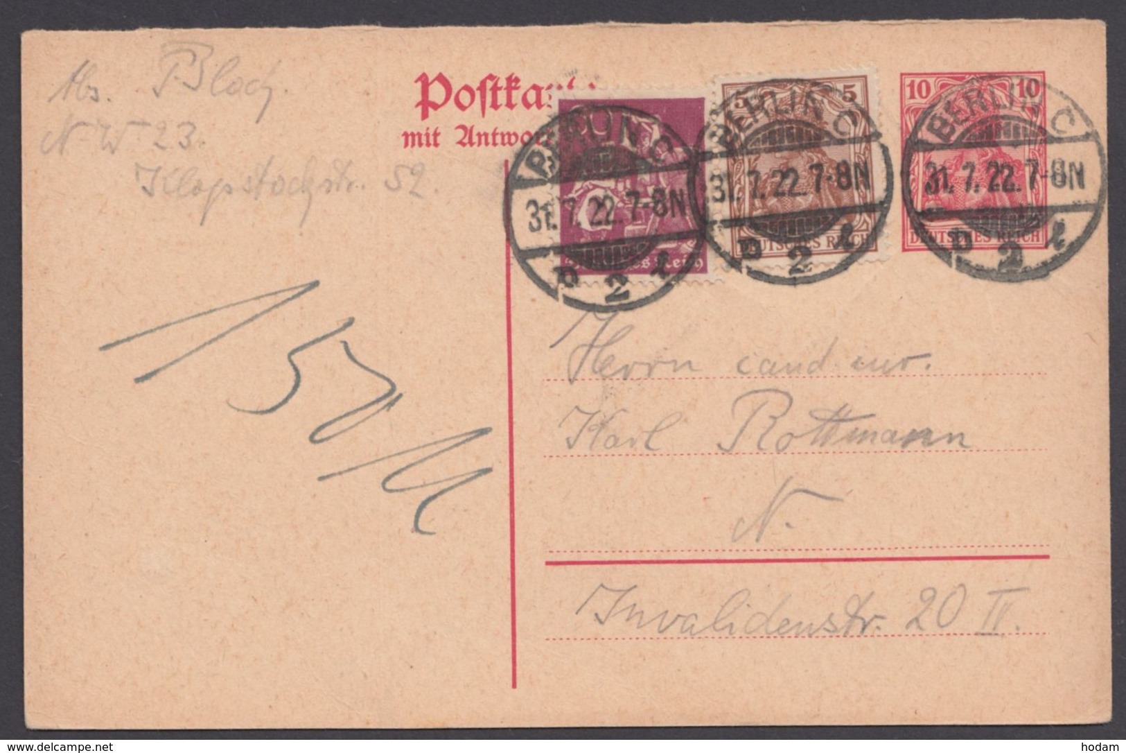 P 113 F, Bedarfs-Ortskarte "Berlin", 31.7.22, Pass. Zusatzfrankatur - Postkarten