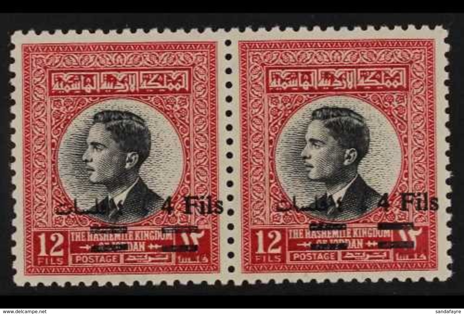 1963  4f On 12f Sepia & Carmine King Surcharge With The English And Arabic TRANSPOSED Variety, SG 541 Var (see Note In C - Jordan