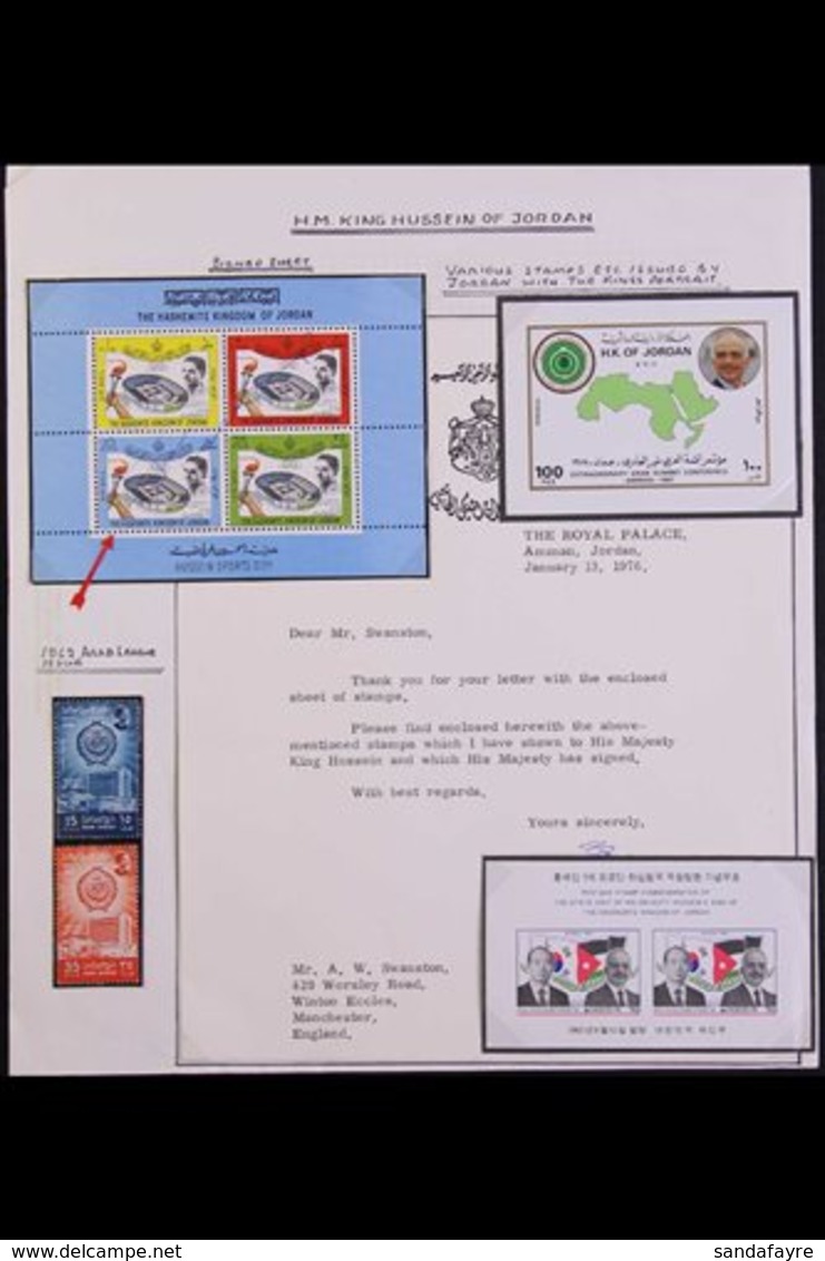 1976 KING HUSSEIN SIGNED.  An Album Page Bearing Two Stamps & 3 Mini Sheets, A Letter From The Royal Palace Authenticati - Giordania