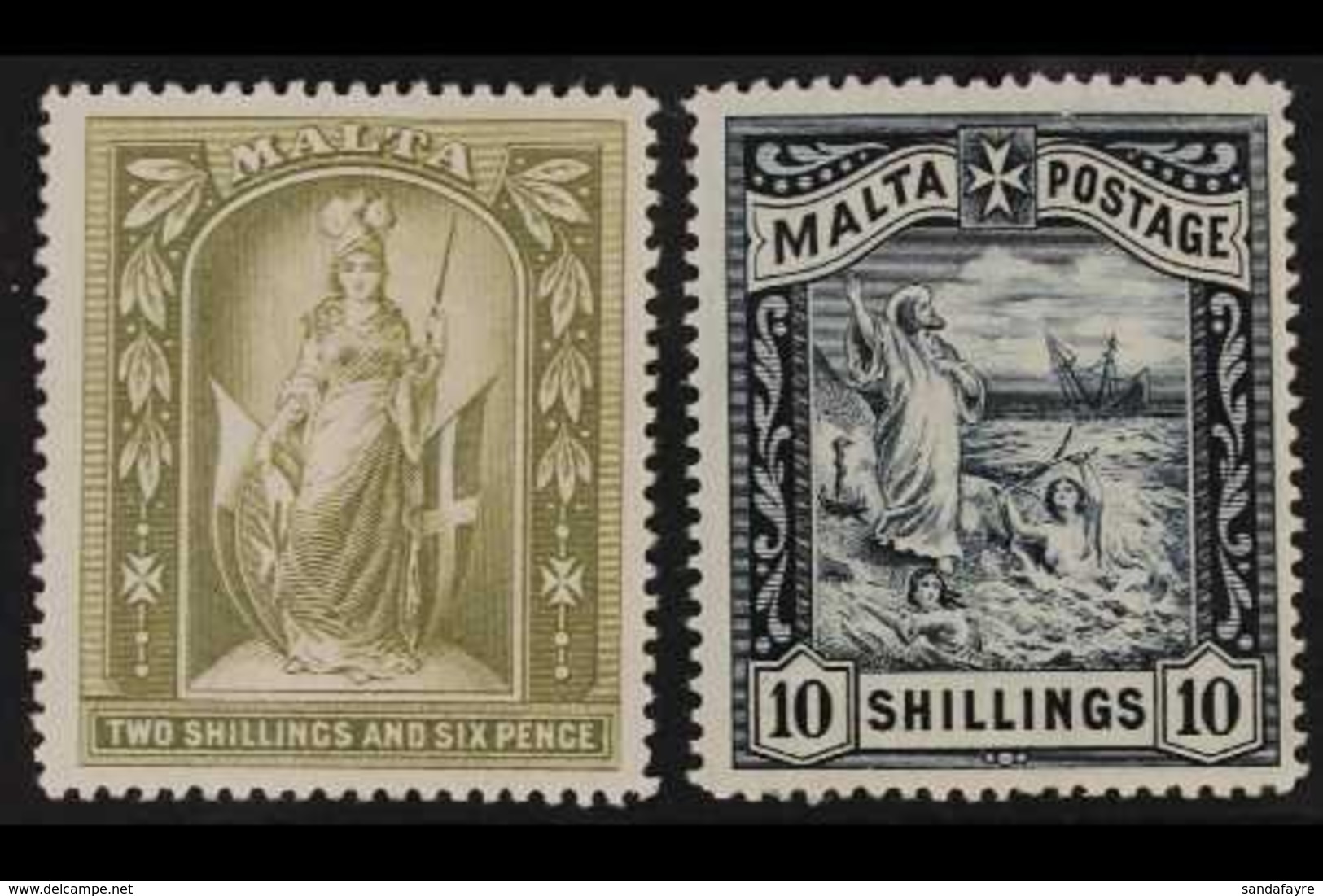 1899  2s.6d Olive-grey And 10s. Blue-black, SG 34/35, Very Fine Mint. (2 Stamps) For More Images, Please Visit Http://ww - Malta (...-1964)