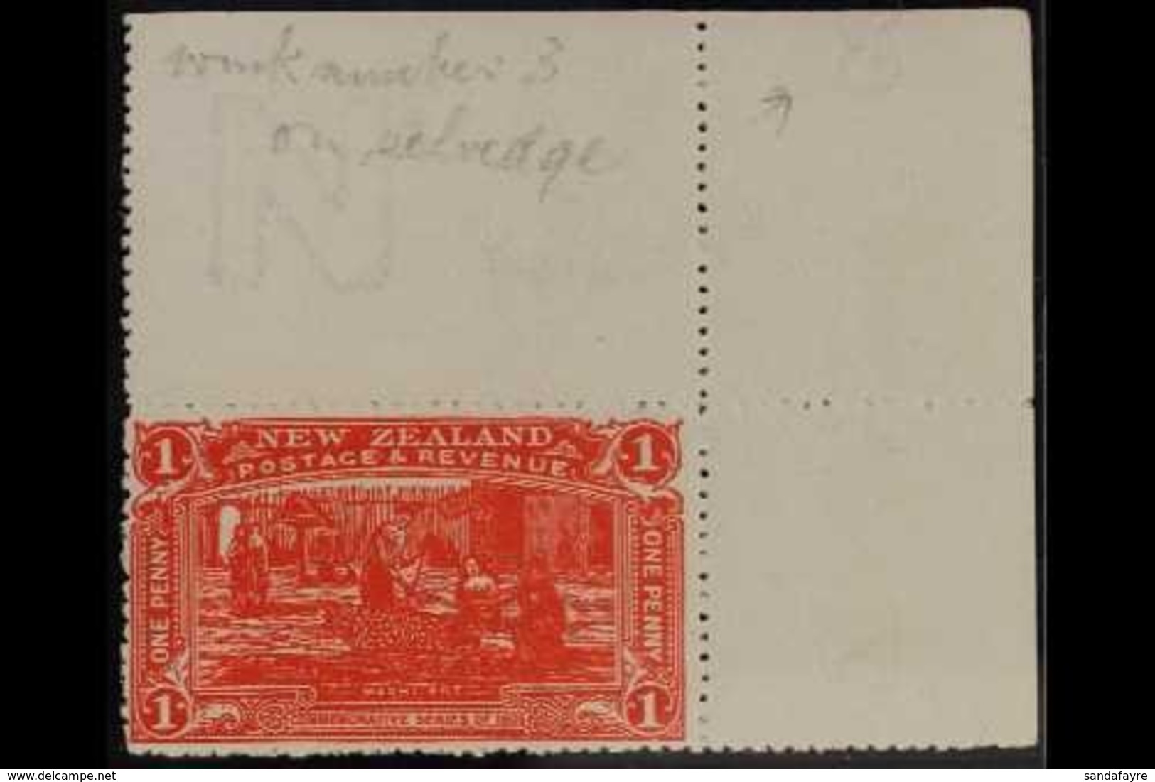 1906  1d Vermilion, Christchurch Exhibition, Top Right Corner Margin With Watermark "3" In Corner And "N" Above Stamp, S - Sonstige & Ohne Zuordnung