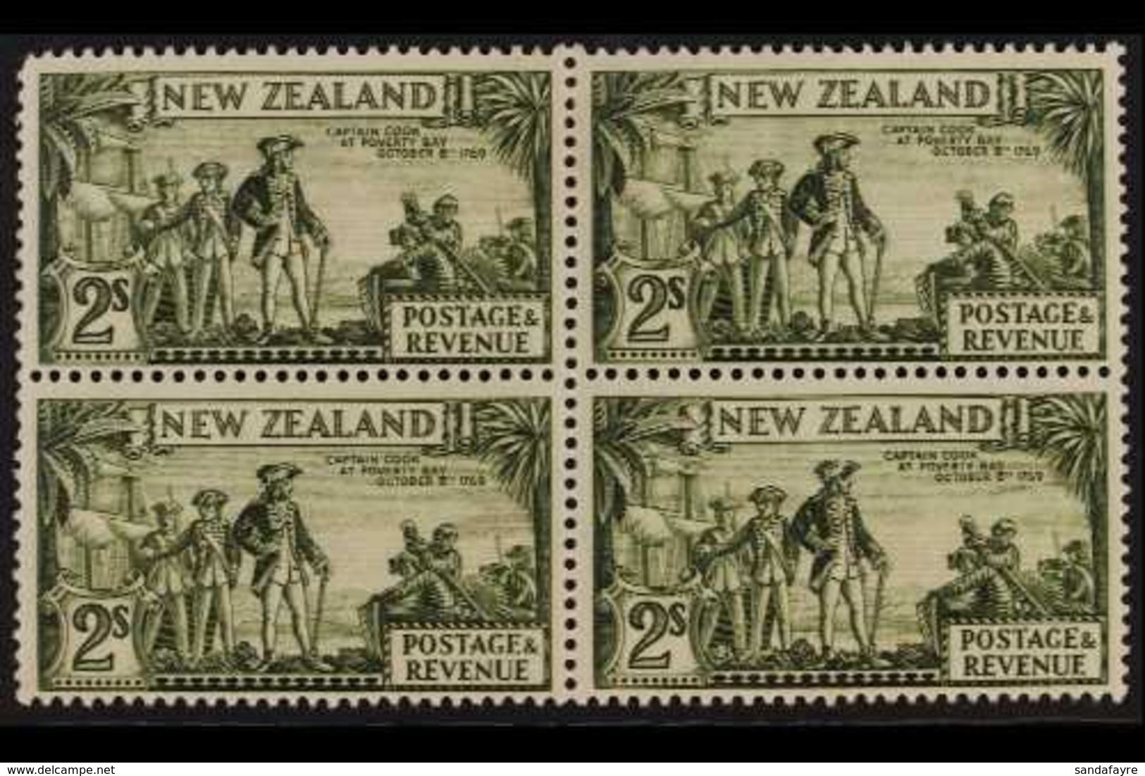 1935-36  2s Olive-green Captain Cook Perf 13½x14, SG 568c, Fine Mint BLOCK Of 4, Two Stamps Are Never Hinged, Fresh & Sc - Sonstige & Ohne Zuordnung