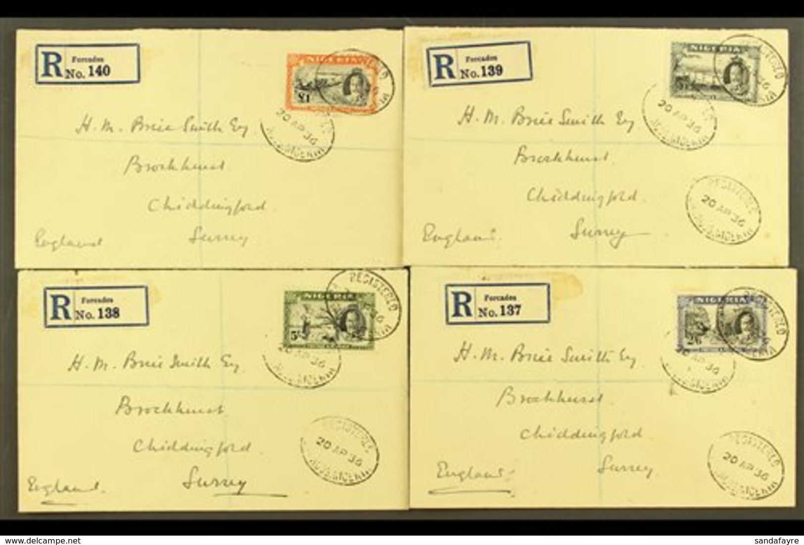 1936  Pictorial 2s6d To £1, SG 42/45, Each On A Separate Neat Registered Cover From Forcados To England, Highly Attracti - Nigeria (...-1960)