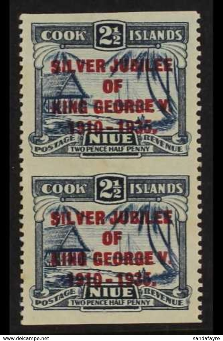 1935 PROOF SHEET IMPERF BETWEEN PAIR.  2½d Dull And Deep Blue Silver Jubilee Opt, SG 70, Vertical Pair, IMPERF BETWEEN H - Niue